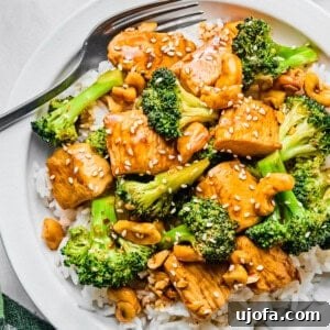 Speedy Chicken and Broccoli Stir-Fry 10 chicken and broccoli stir fry over white rice on a plate with a fork