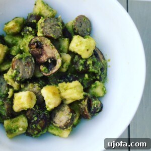 Plate of Gnocchi with Mushrooms, Chicken Sausage, and Cashew Pesto