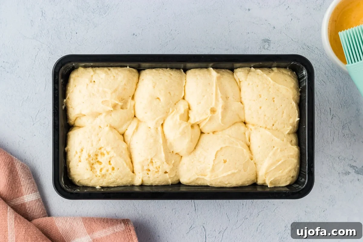 Proofed gluten-free brioche dough in a loaf pan, having risen significantly and almost reached the top.