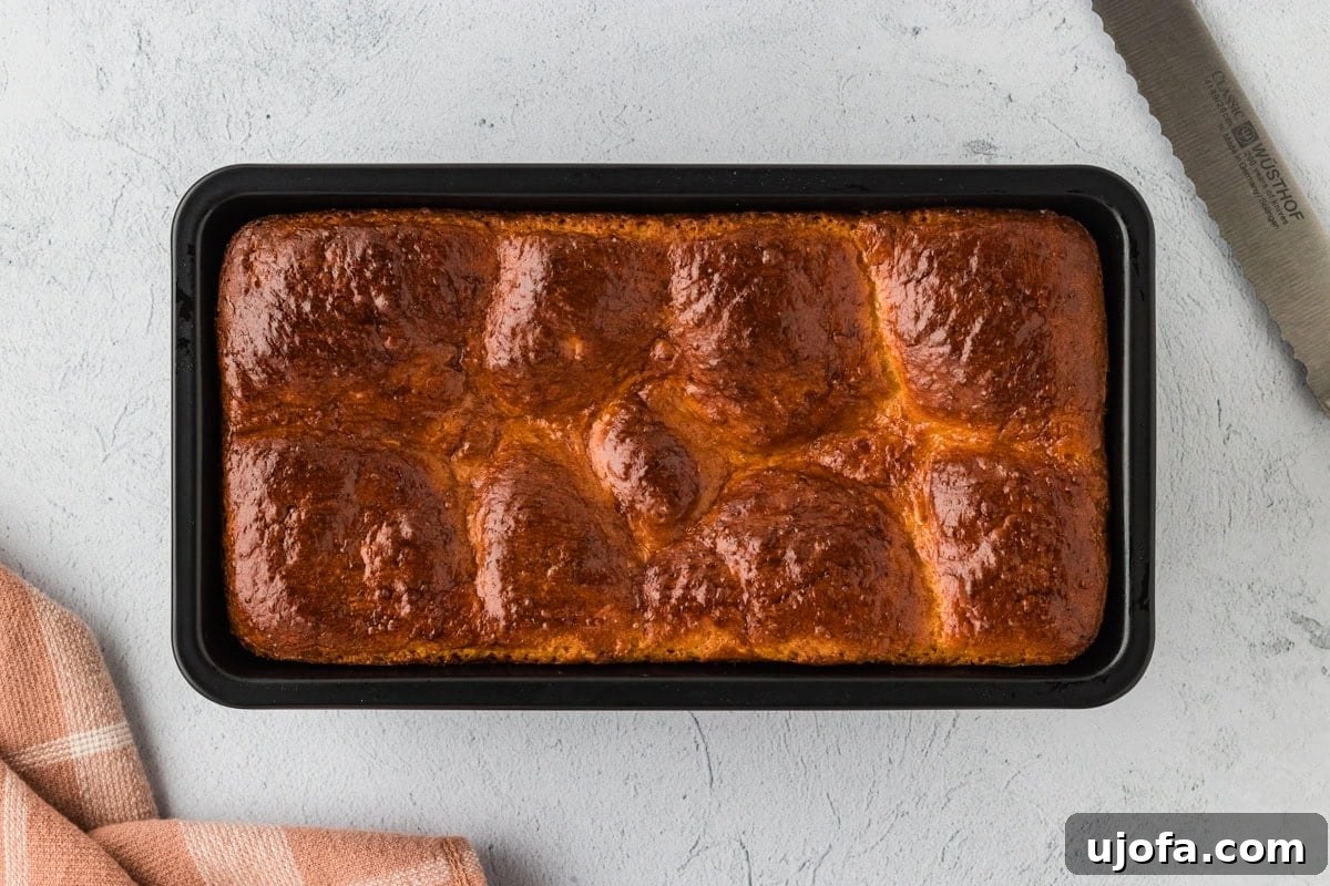 Freshly baked gluten-free brioche bread in a loaf pan, showcasing its beautiful golden-brown color and perfect rise.