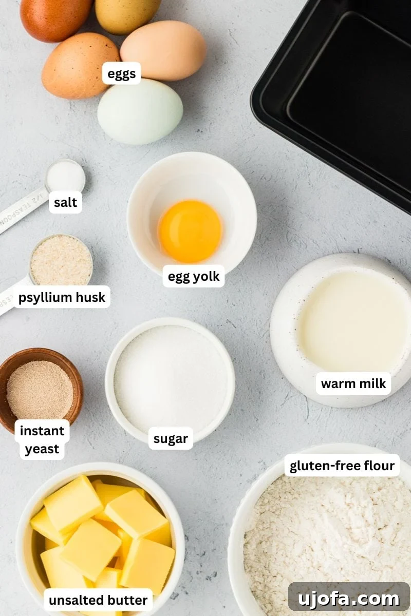 A visually appealing flat lay of all the fresh ingredients needed for gluten-free brioche bread, neatly arranged on a rustic surface.