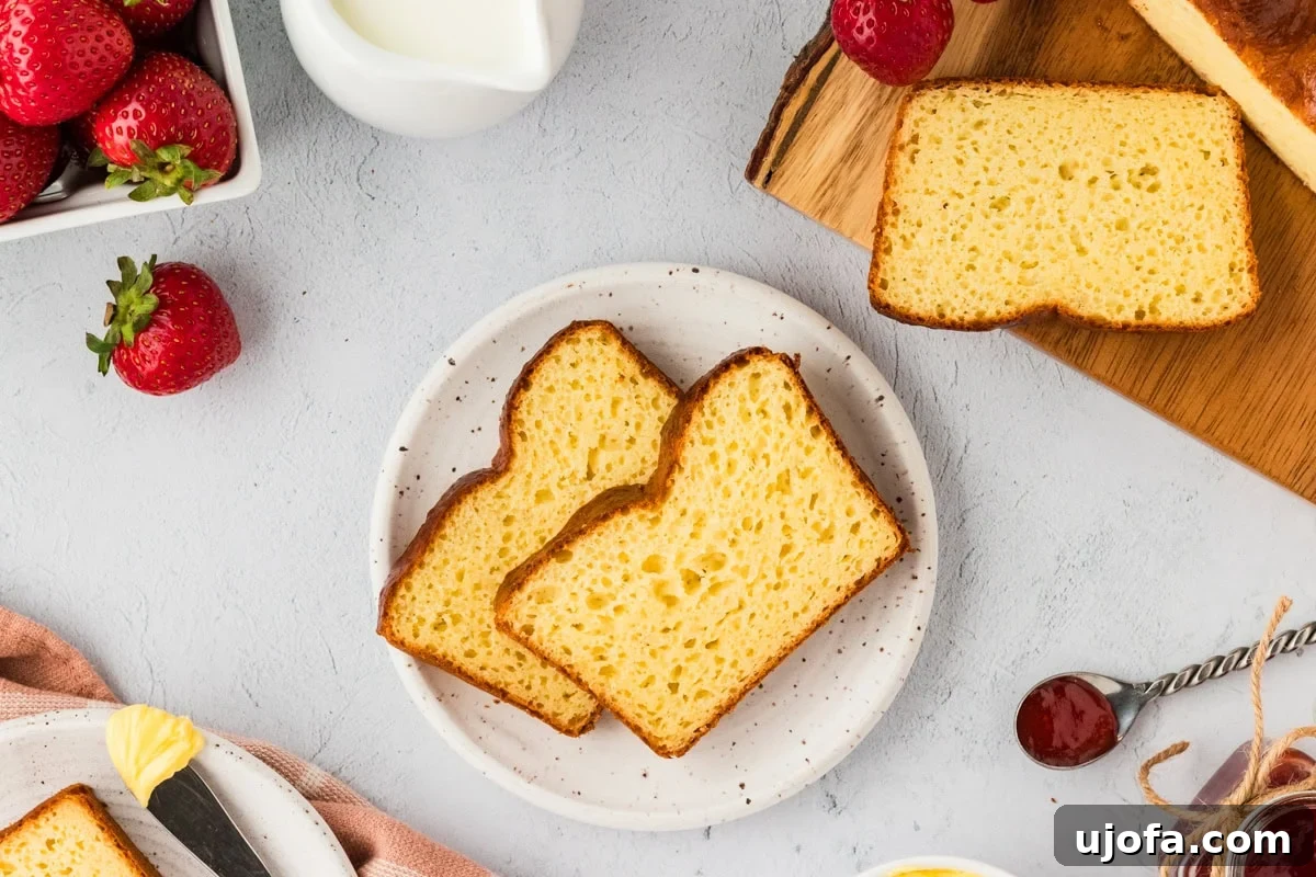 Overhead view of perfectly baked slices of gluten-free brioche bread arranged artfully on a white plate, ready to be enjoyed.