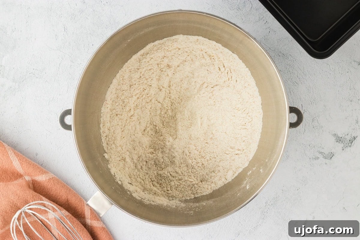 Dry ingredients for gluten-free brioche mixed thoroughly in a mixing bowl.