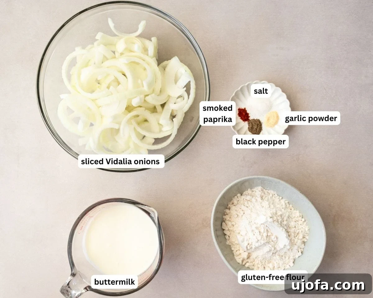 A collection of ingredients for gluten-free fried onions including whole Vidalia onions, buttermilk, and a bag of gluten-free flour.