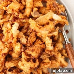 Overhead view of gluten free fried onions in a bowl with a spoon.