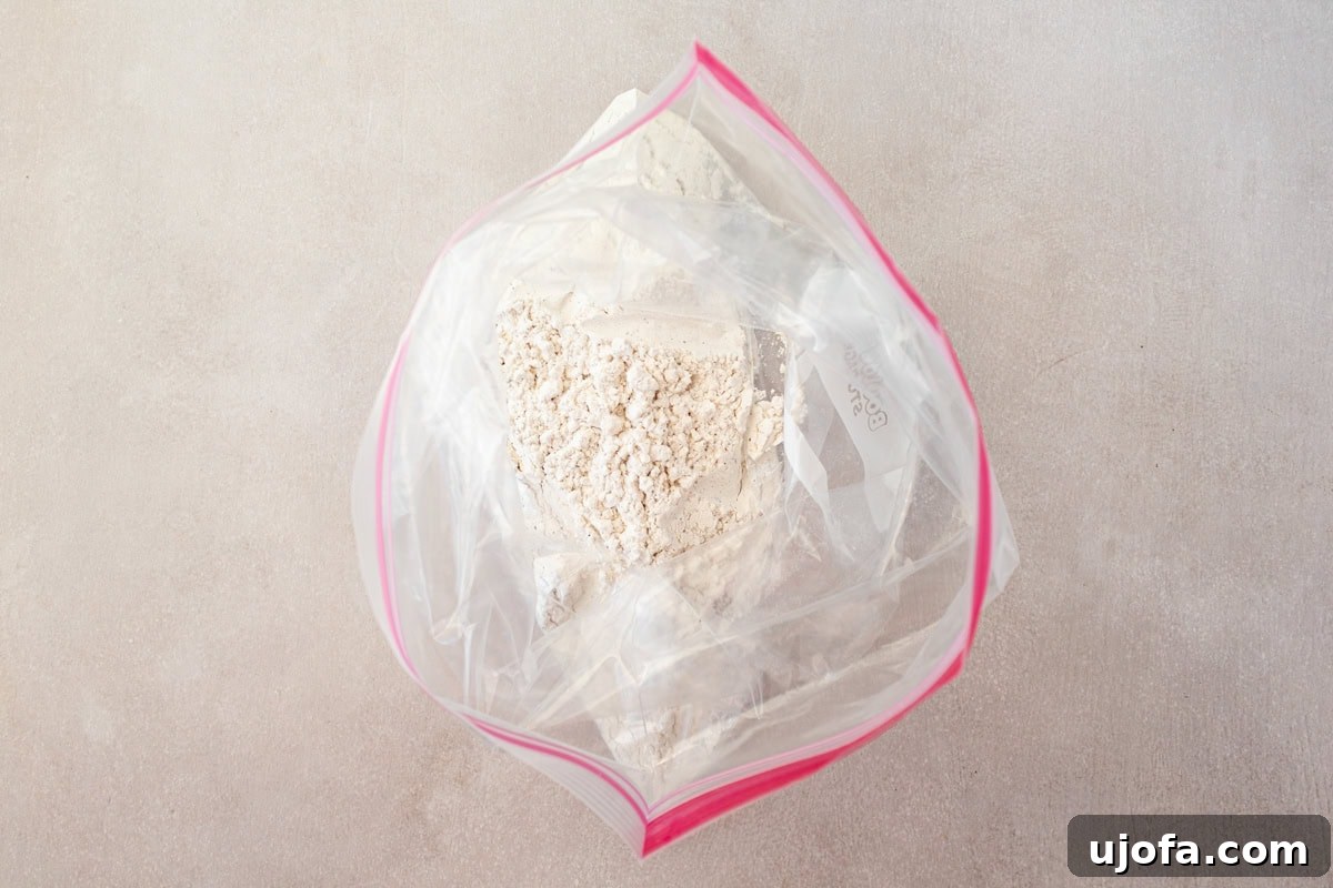 The prepared dry ingredients for gluten-free fried onions, neatly poured into a large zip-top bag, ready for coating.