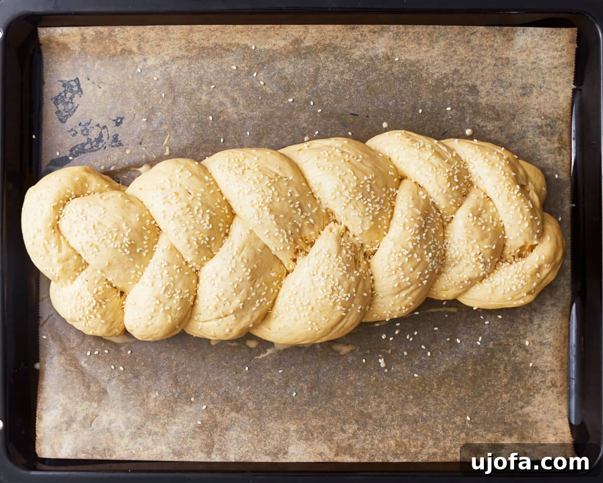 Gluten-free challah bread dough shaped into a braided loaf and topped with sesame seeds.