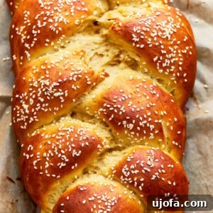 Close up overhead view of gluten-free challah bread topped with sesame seeds.