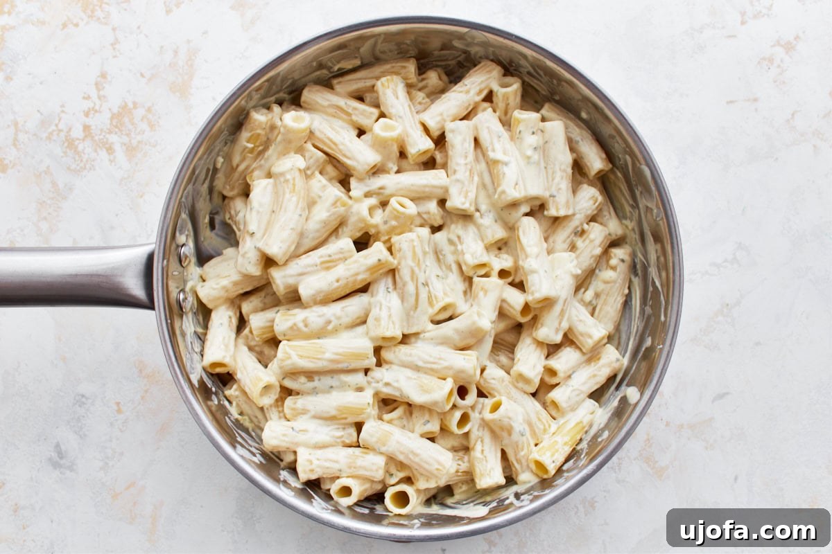 Decadent Gluten Free Boursin Pasta 10 An overhead view of a pot with gluten-free Boursin cheese pasta