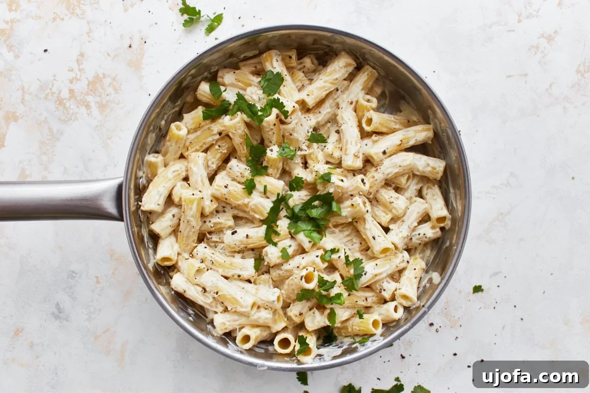 Decadent Gluten Free Boursin Pasta 11 An overhead view of a pot with gluten-free Boursin cheese pasta with a parsley garnish