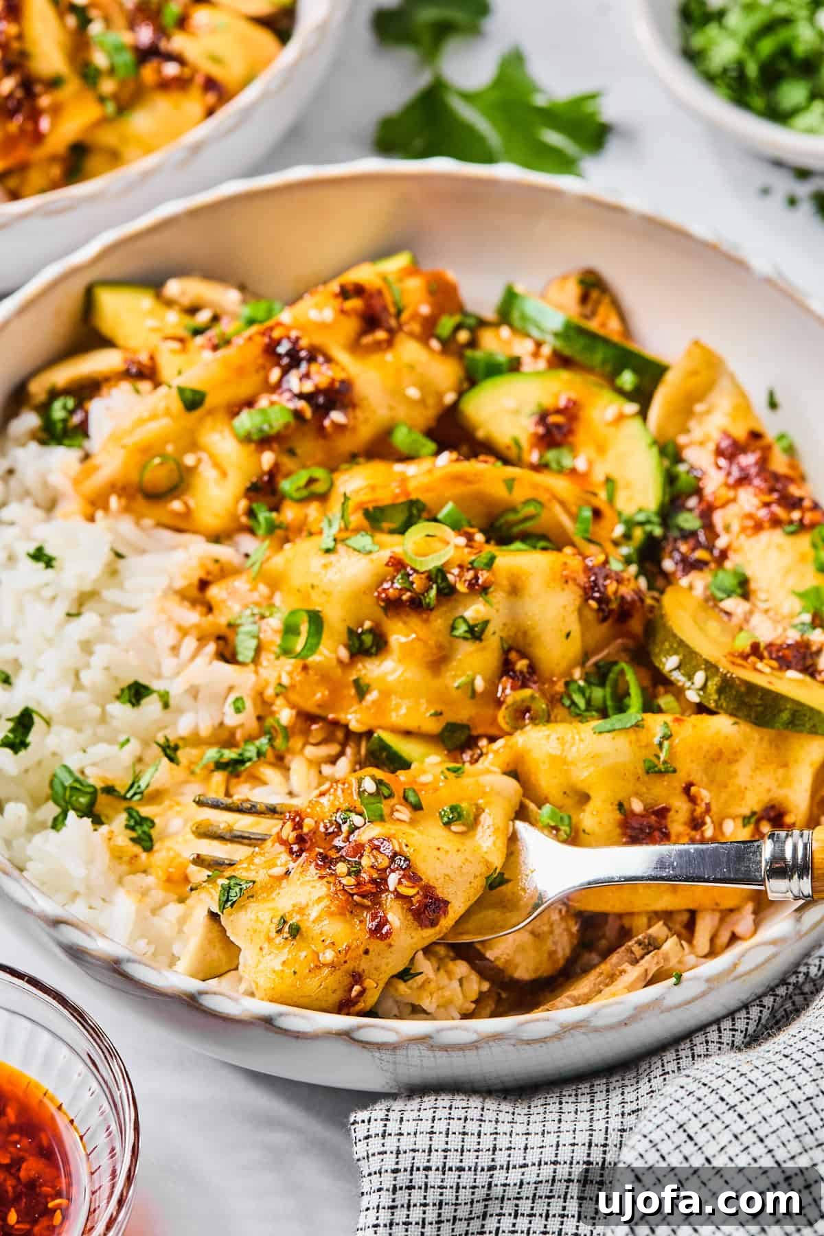A close-up shot of the gluten-free dumpling bake, served over white rice and garnished with green onions and sesame seeds, with a fork gently piercing a tender dumpling.
