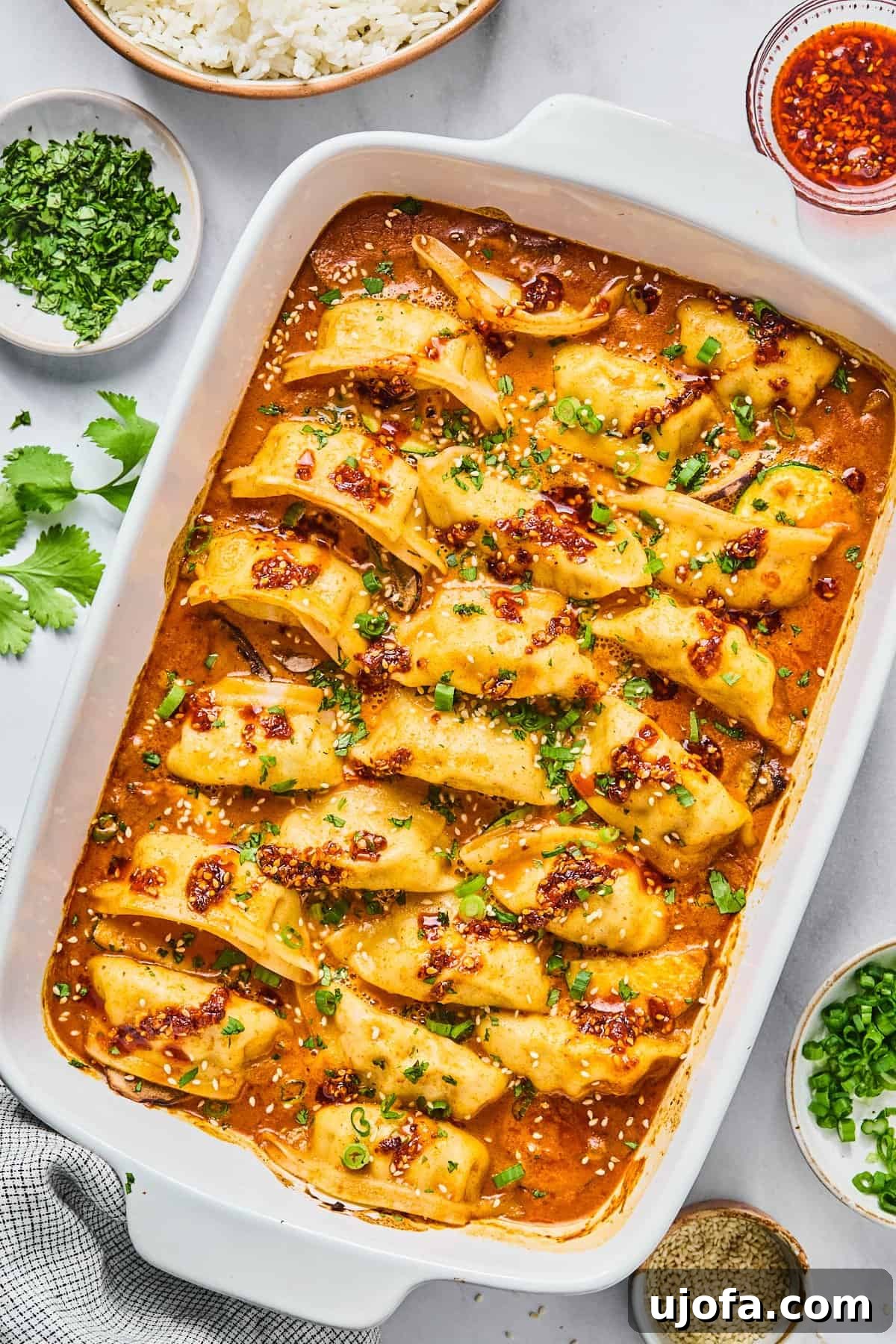 The finished viral dumpling bake, served directly in the casserole dish, garnished with fresh cilantro, vibrant green onions, and a drizzle of chili crunch.