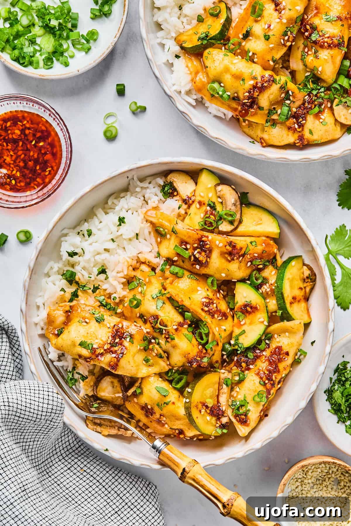 Two bowls of gluten-free dumpling bake served over white rice, beautifully topped with sliced green onions and sesame seeds, showcasing a comforting and vibrant meal.