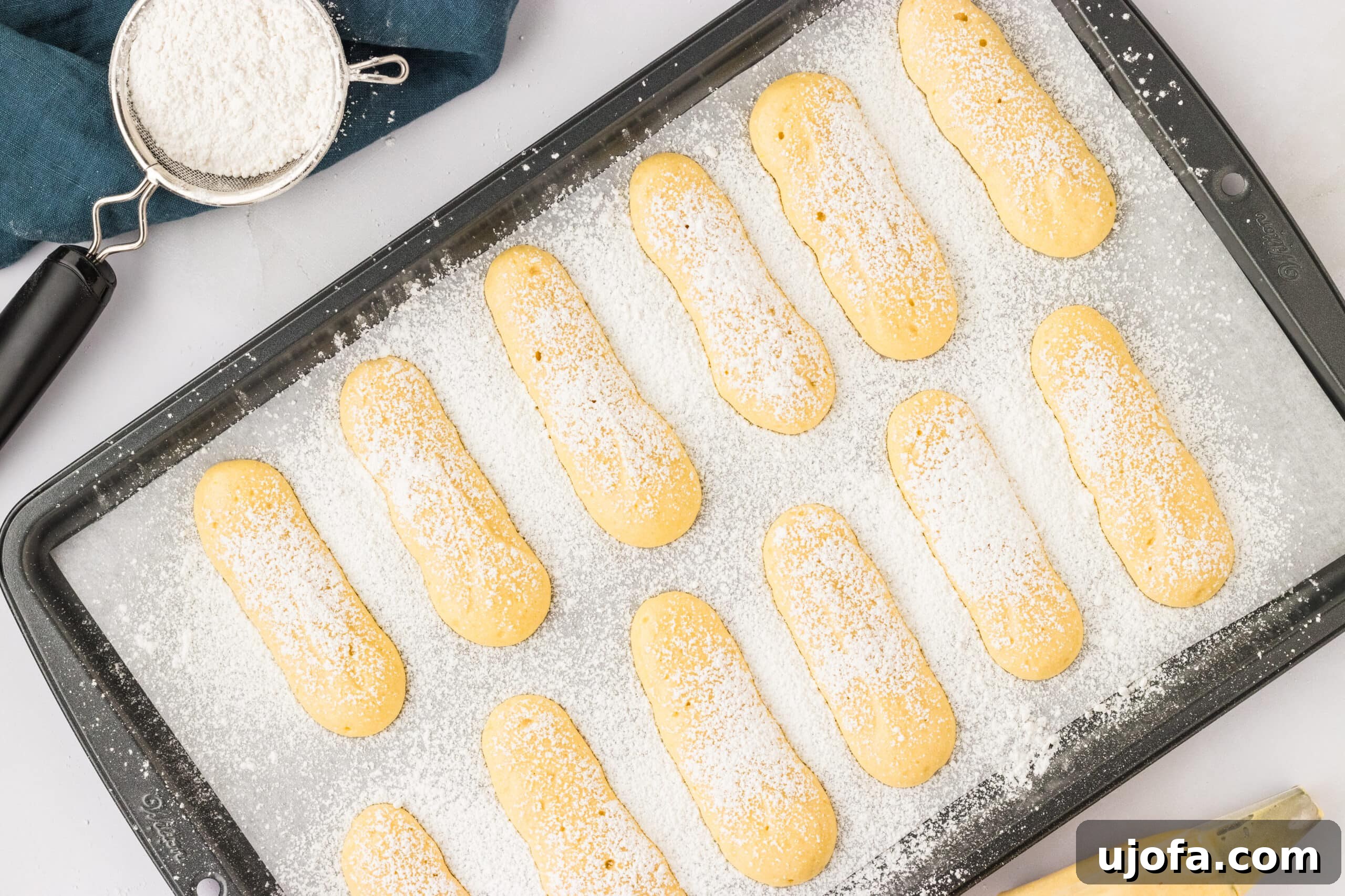 The Ultimate Gluten-Free Ladyfingers 17 uncooked ladyfingers with dusting of powdered sugar on baking sheet