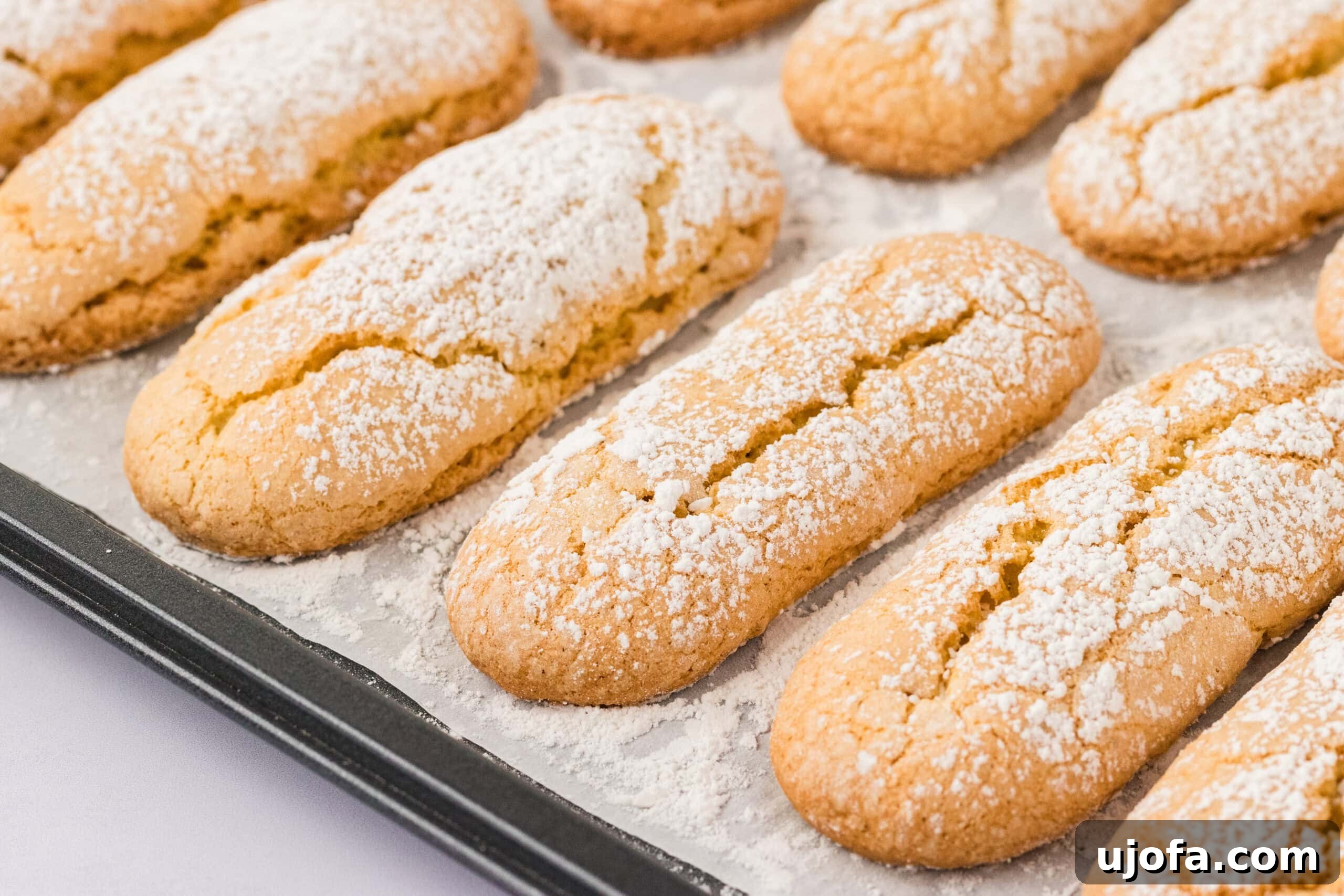 The Ultimate Gluten-Free Ladyfingers 19 closeup of a few cooked ladyfingers dusted with powdered sugar on a baking sheet