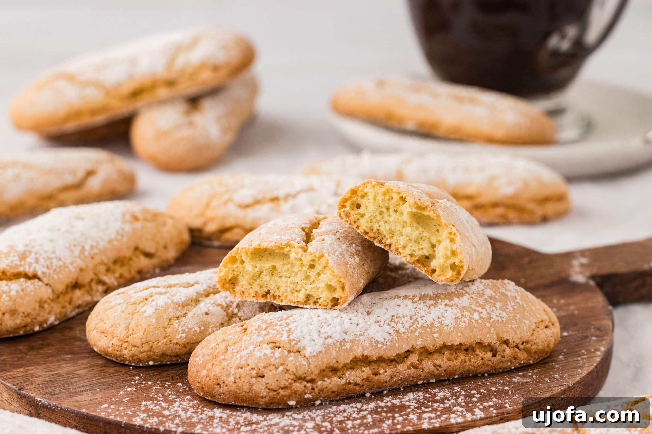 The Ultimate Gluten-Free Ladyfingers 7 front on photo of a few gluten free ladyfingers stacked on top of each other with a coffee in the background