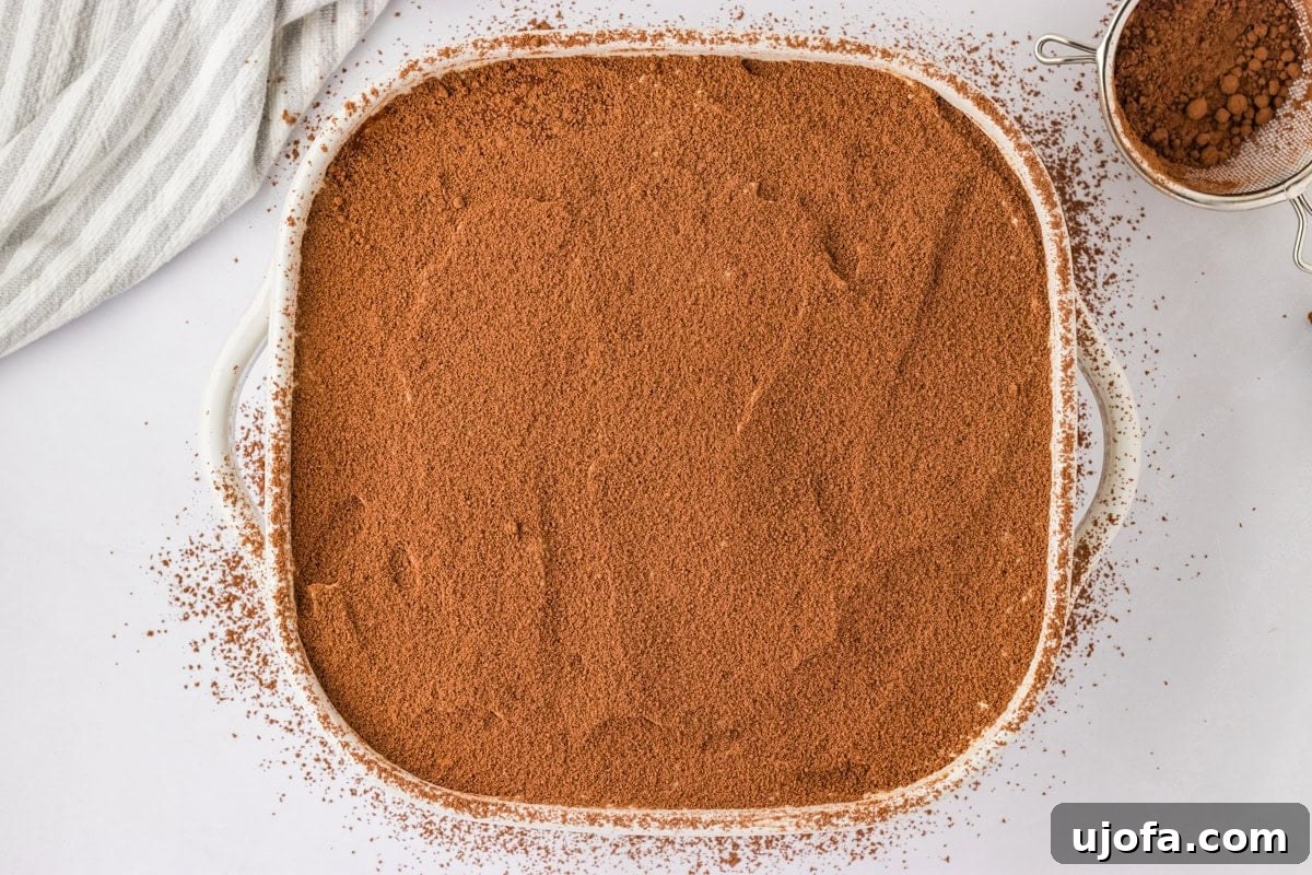 white baking dish with tiramisu sprinkled with cocoa powder
