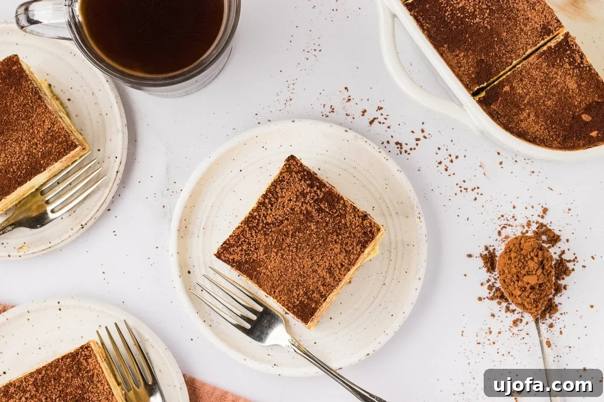 overhead shot of a piece of tiramisu on a white plate with a fork