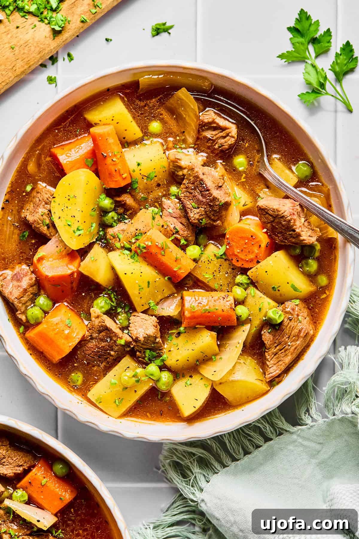 Set It and Forget It Hearty Beef Stew 2 A steaming bowl of slow cooker beef stew, brimming with tender beef, carrots, and potatoes, with a spoon nestled inside.