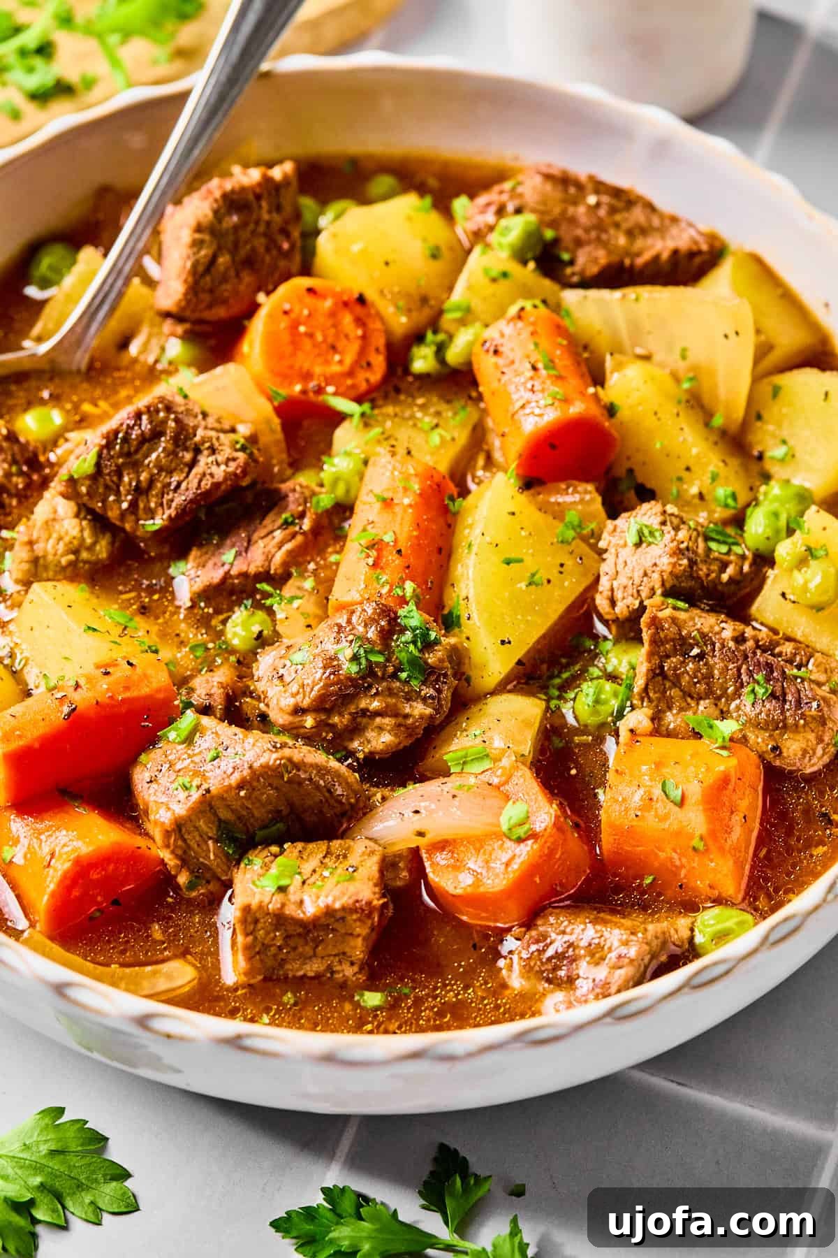 Set It and Forget It Hearty Beef Stew 10 A beautifully presented bowl of slow cooker beef stew, garnished and ready to be savored, with a spoon in it.