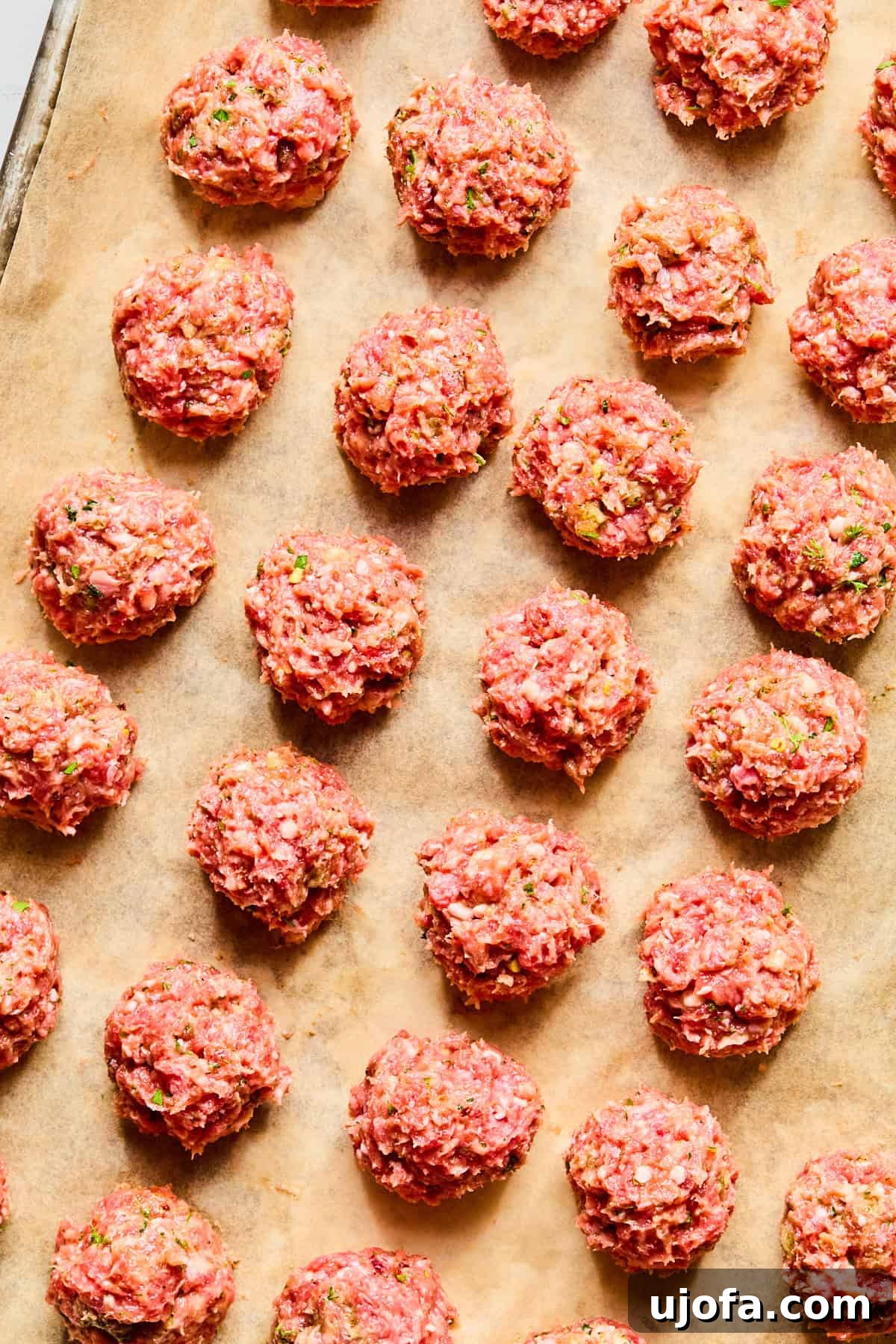 Greek lamb meatballs placed in even rows on a parchment-lined baking sheet.