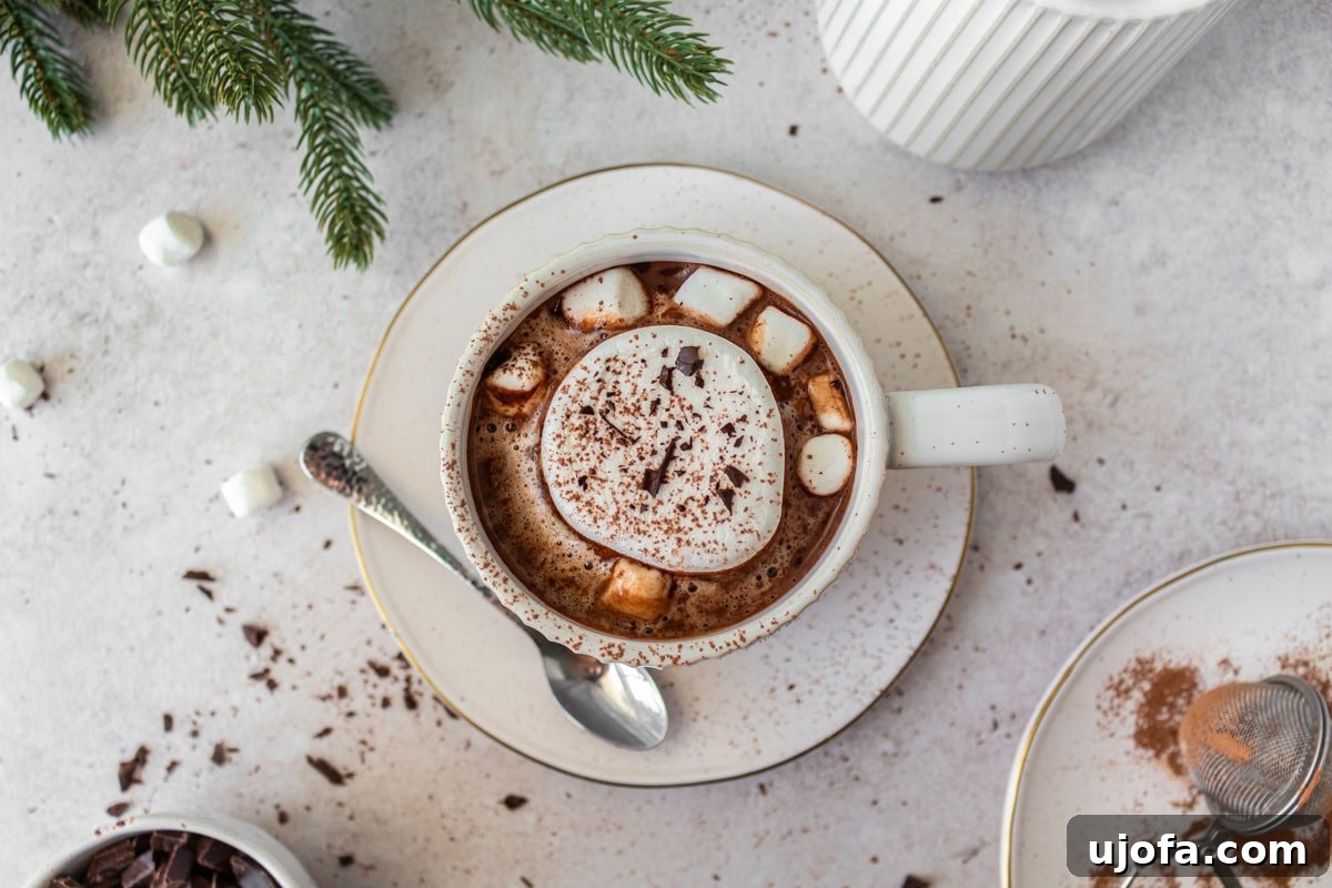 Plant-Based Chocolate Indulgence 10 overhead view of assembled hot chocolate in white mug with marshmallows, cocoa powder and a spoon on the side