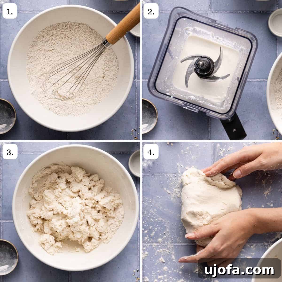 Effortless High Protein Gluten Free Cottage Cheese Bagels 4 Photo collage of steps 1-4 of how to make cottage cheese bagels.