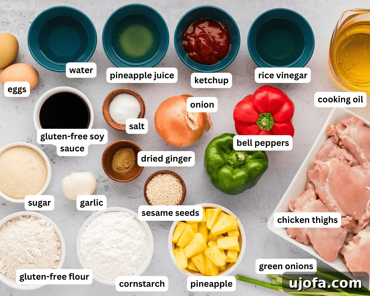 Overhead shot of various ingredients for gluten-free sweet and sour chicken laid out on a table, including chicken, vegetables, and sauce components.