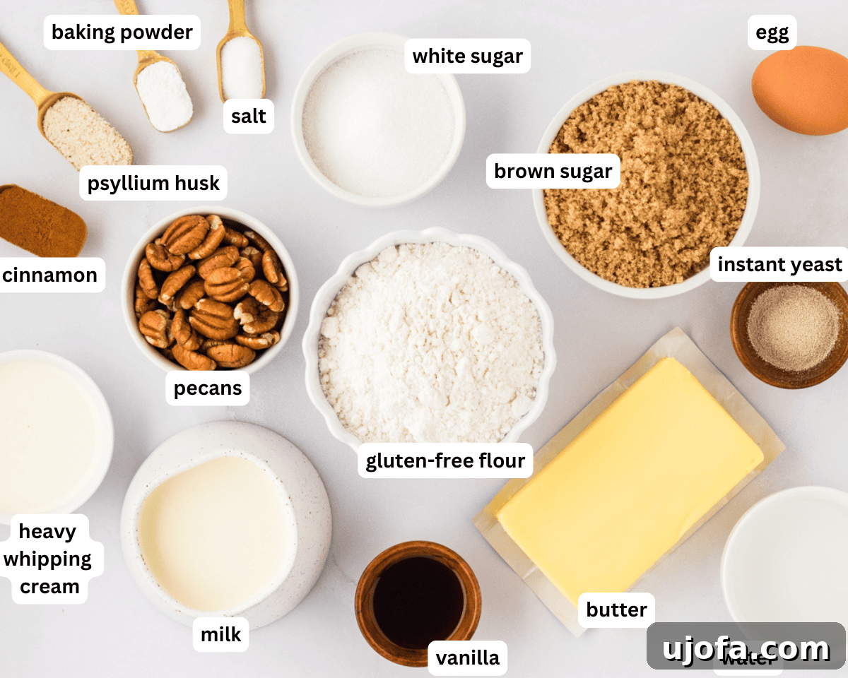 Gooey Gluten-Free Monkey Bread Indulgence 4 A flat lay photograph displaying all the ingredients neatly arranged for making gluten-free monkey bread.