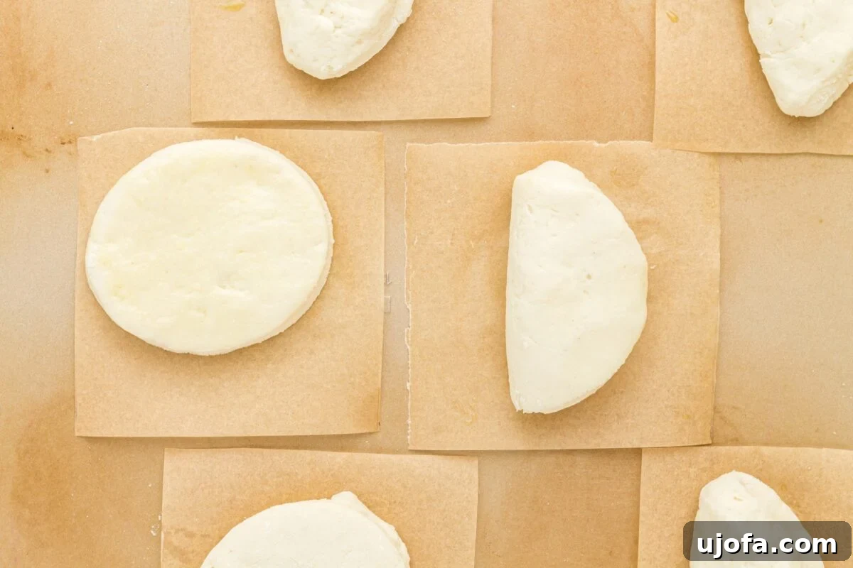 Individual circles of gluten-free bao bun dough, carefully placed on parchment paper squares, ready for the next step in the baking process.