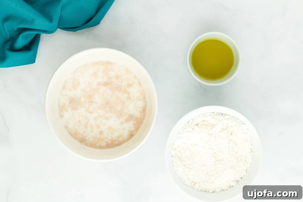 A white bowl containing activated yeast mixed with warm milk and water, alongside a separate white bowl filled with gluten-free flour and a small blue bowl of olive oil.