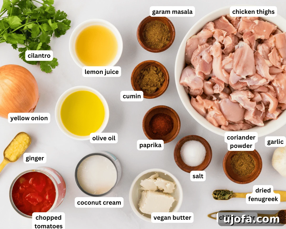 All the prepped and measured ingredients for dairy-free butter chicken laid out neatly on a kitchen countertop, ready for cooking.