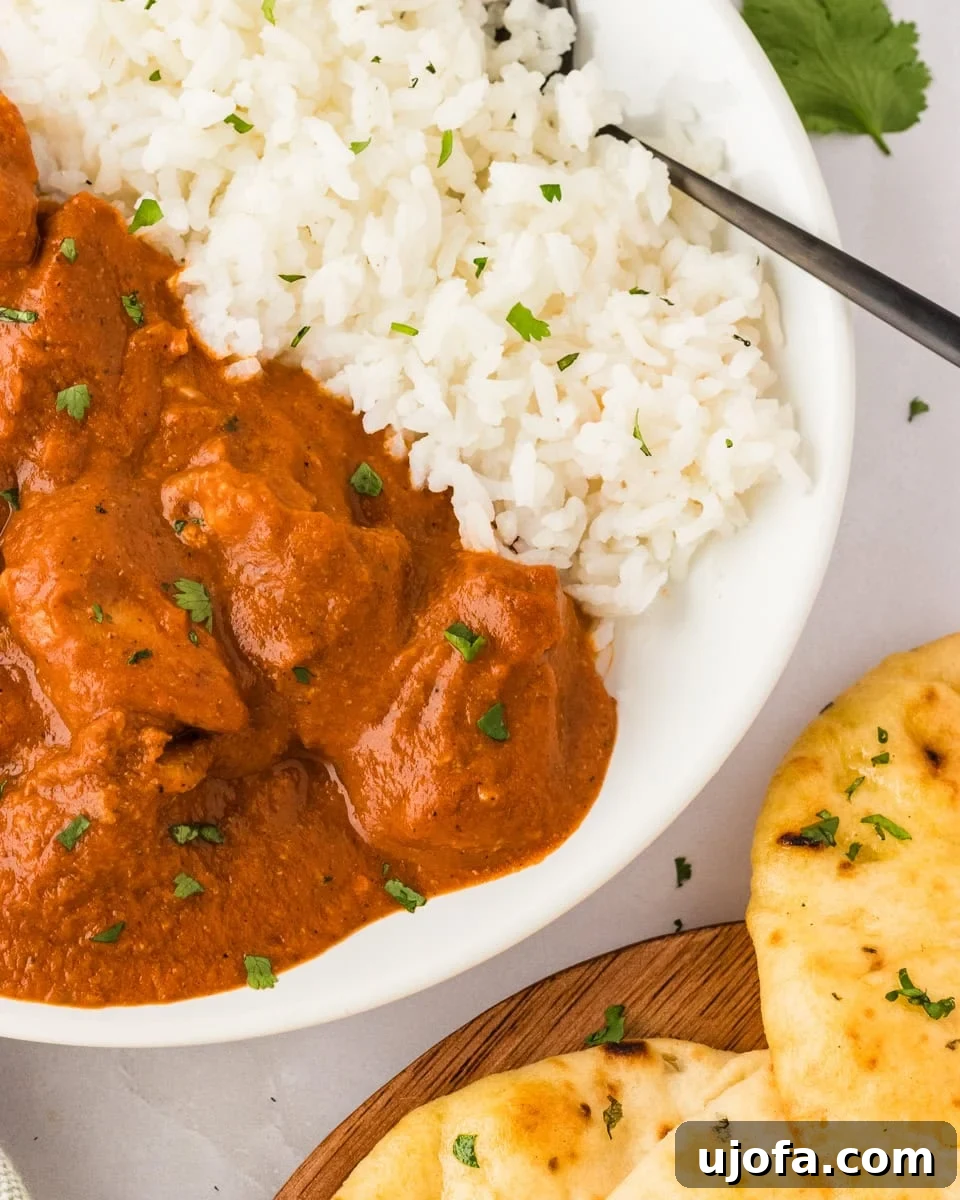 A serving of dairy-free butter chicken in a white bowl, accompanied by basmati rice and a piece of naan bread on the side.