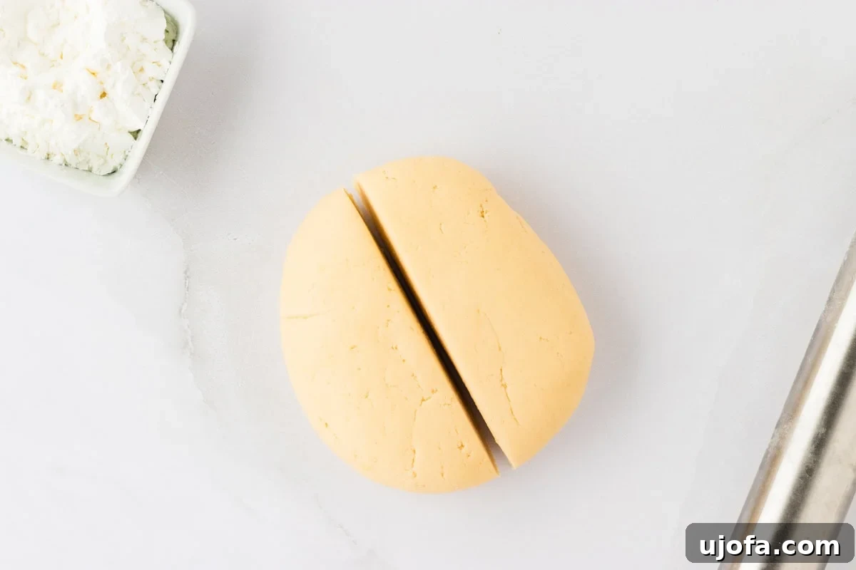 Guilt-Free Crispy Egg Rolls 16 A ball of rested gluten-free egg roll dough, neatly cut into two equal halves on a white surface.