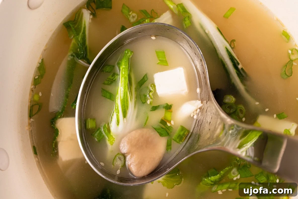 stainless steel ladle scooping gluten-free miso soup out of large pot 