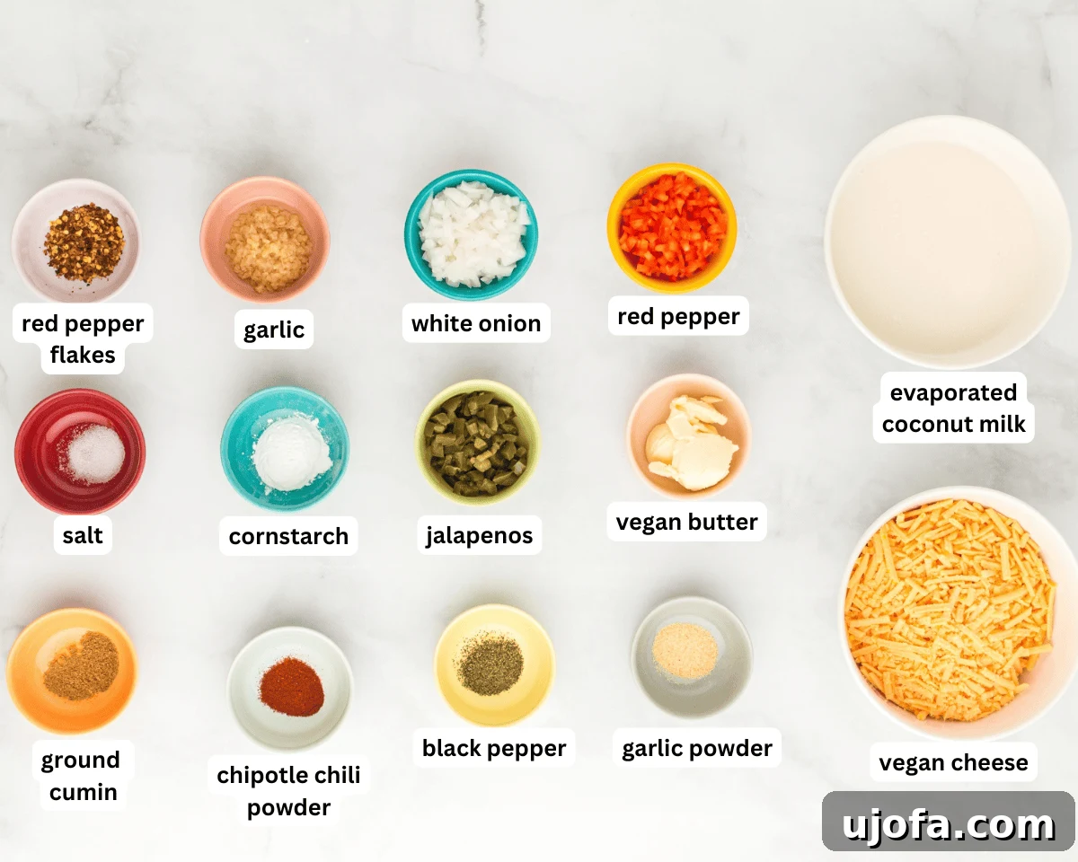 Creamy Vegan Queso 3 overhead view of vegan queso ingredients measured and prepped on countertop