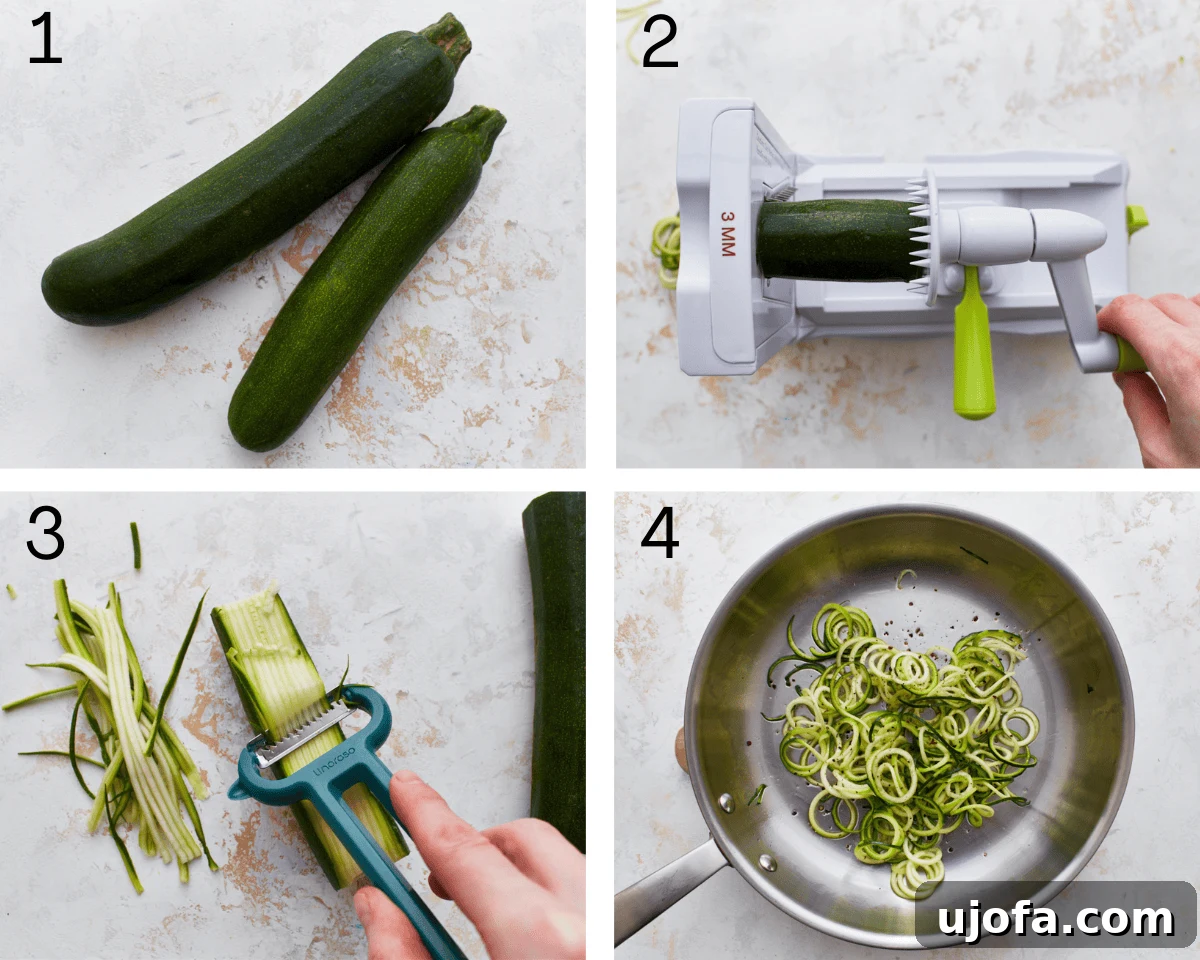 box 1: 2 zucchinis, box 2: zucchini being spirlaized, box 3: shaved zucchini, box 4: zucchini noodles sautéing in stainless steel pan.