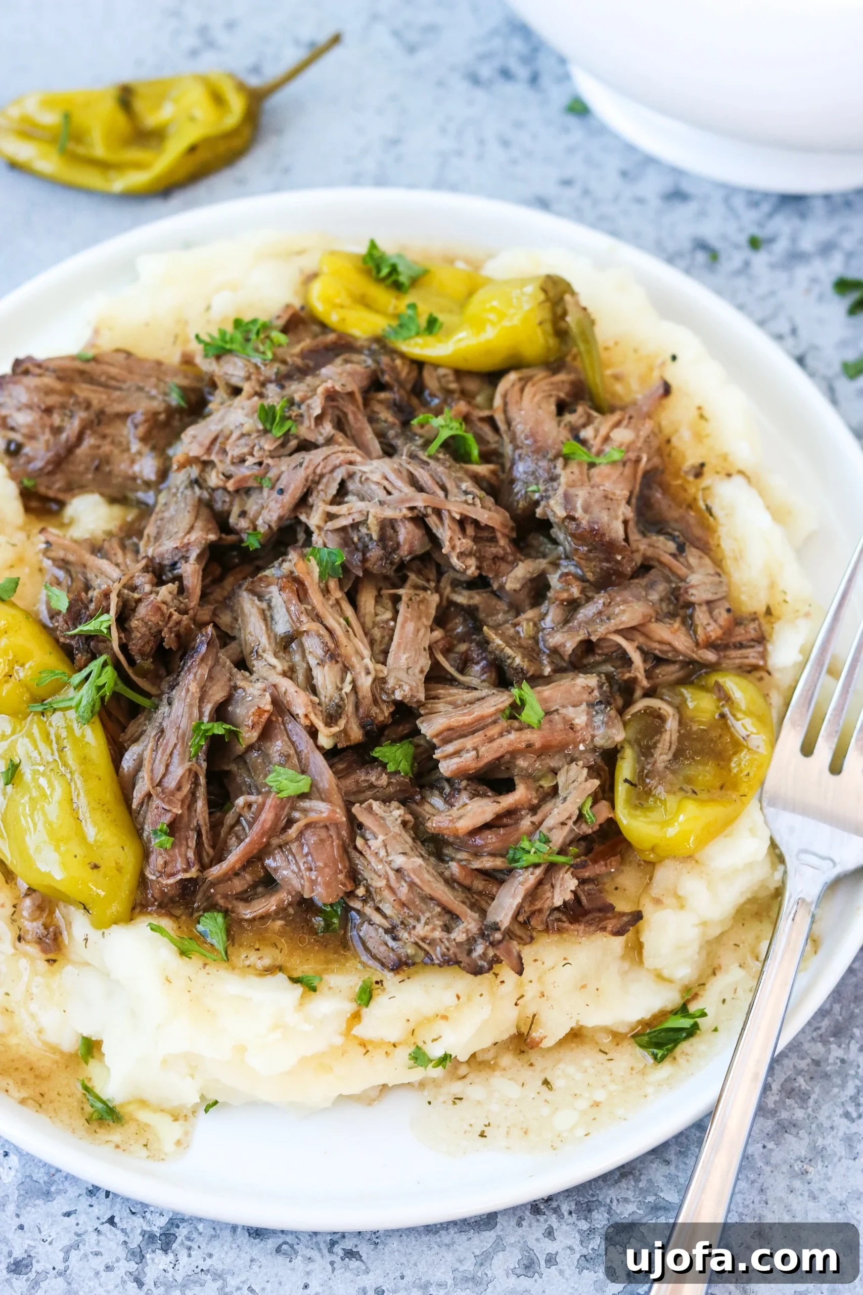 Wholesome Mississippi Pot Roast with Savory Beef Gravy 3 shredded beef with gravy and pepperoncinis over garlic cauliflower mash on a white plate