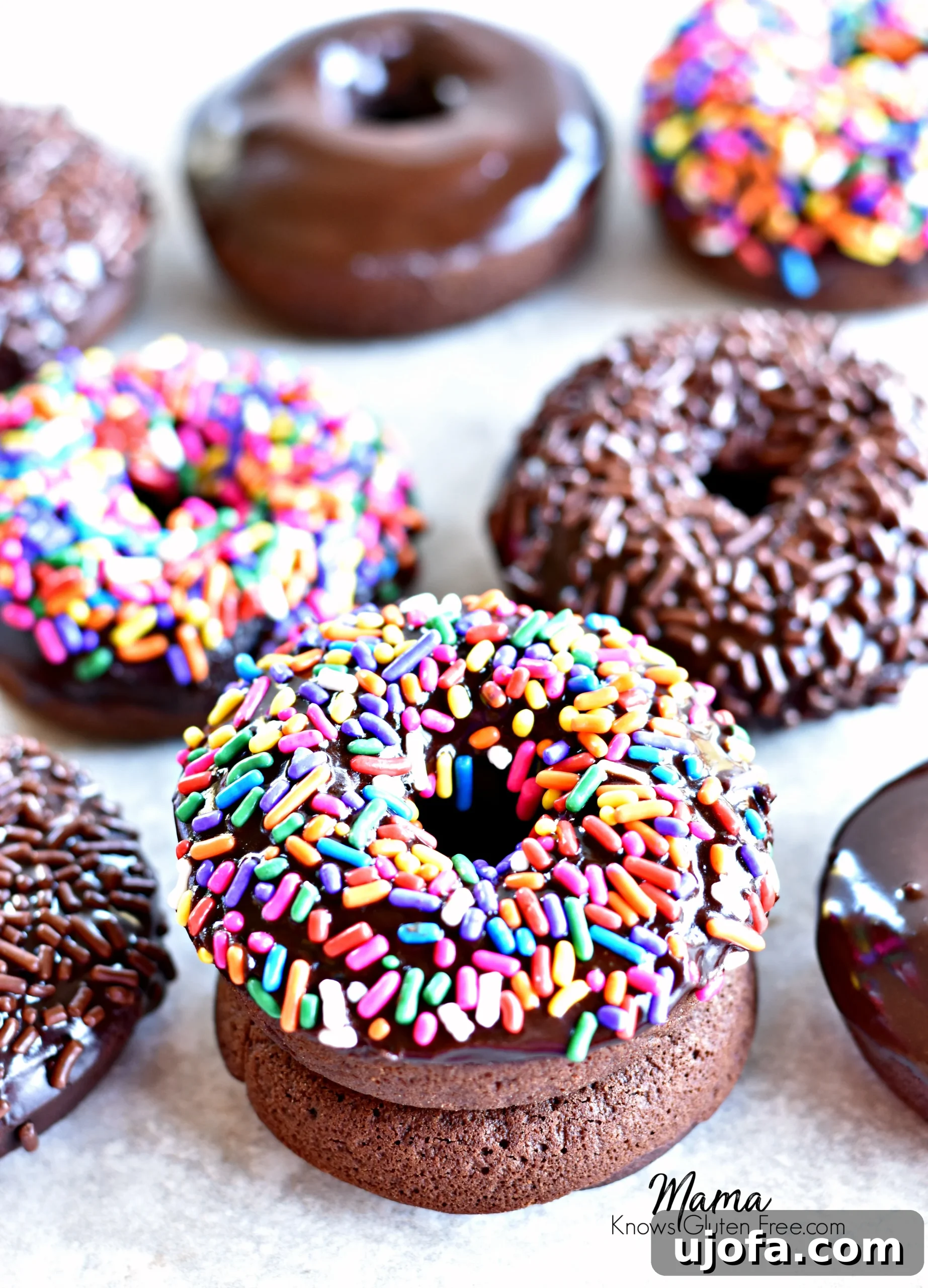 Two gluten-free baked chocolate donuts with colorful sprinkles stacked on top of each other, with more glazed donuts visible in the soft background.