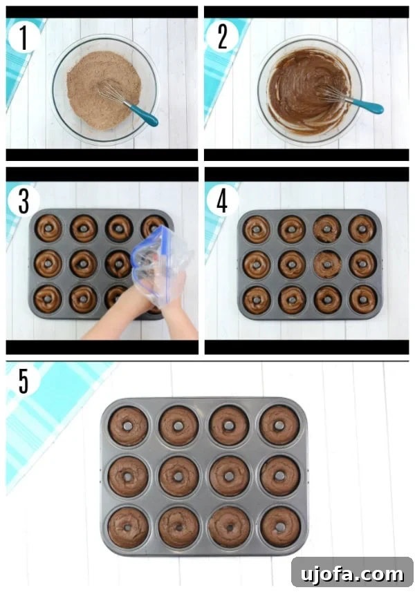 A photo collage showing the first five steps of the gluten-free chocolate donut recipe preparation.
