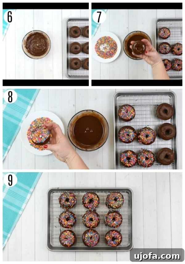 A photo collage illustrating steps 6 through 9 of glazing and decorating gluten-free chocolate donuts.