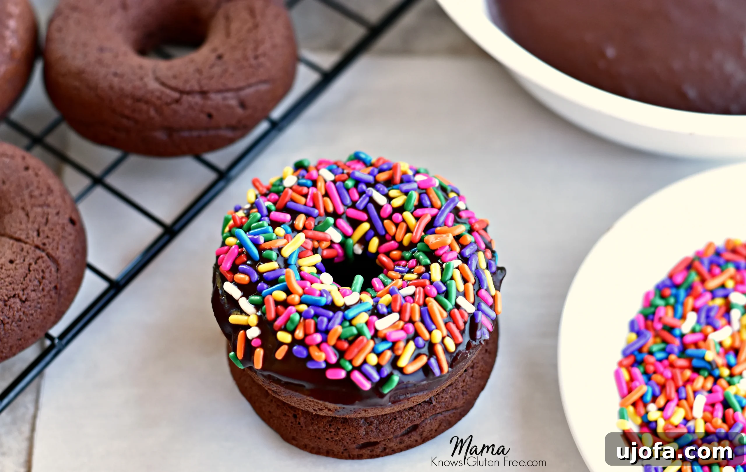 Two gluten-free baked chocolate donuts topped with colorful sprinkles, with more donuts, a bowl of sprinkles, and frosting in the background.