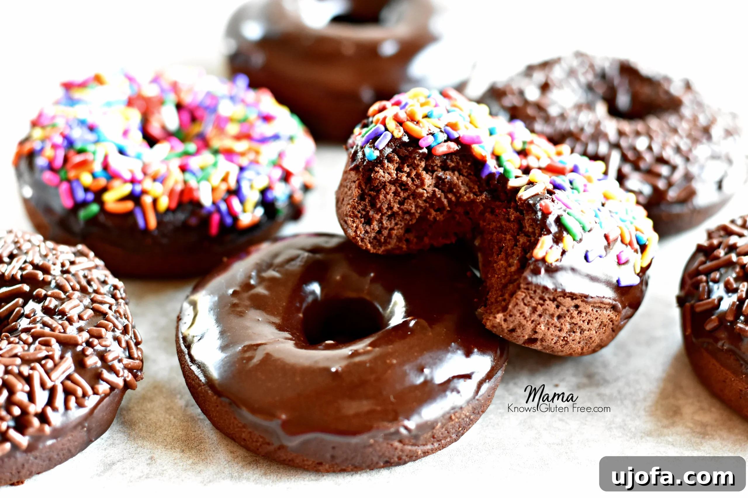 Seven gluten-free baked chocolate donuts, with one having a bite taken out to reveal its soft, cakey texture.
