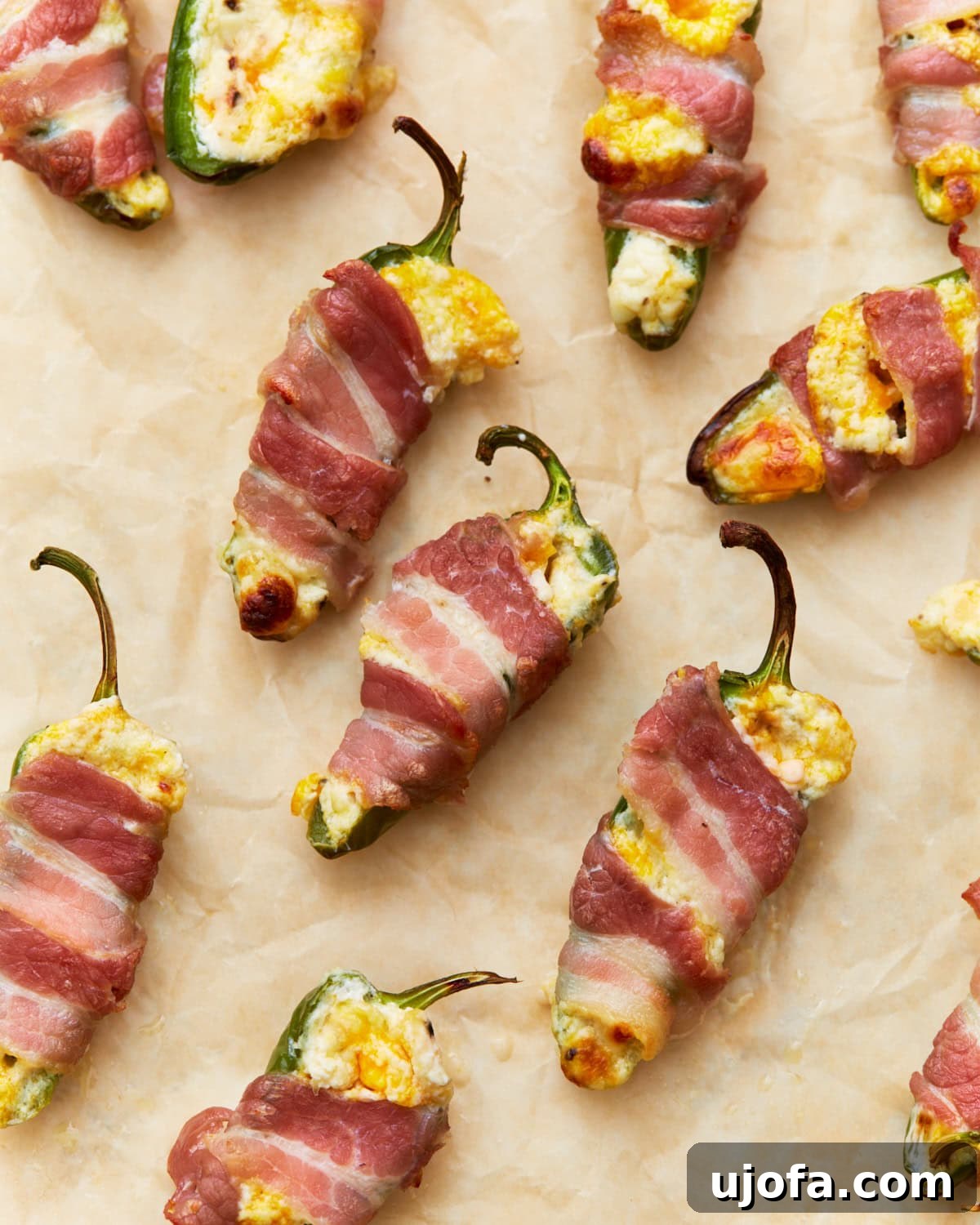 Close-up of golden and crispy bacon-wrapped keto jalapeño poppers stuffed with a creamy cheese mixture, beautifully arranged on parchment paper.