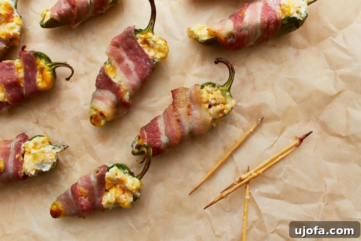 A close-up of freshly baked, crispy keto jalapeño poppers with golden bacon and gooey cheese filling, resting on parchment paper after being removed from the oven.