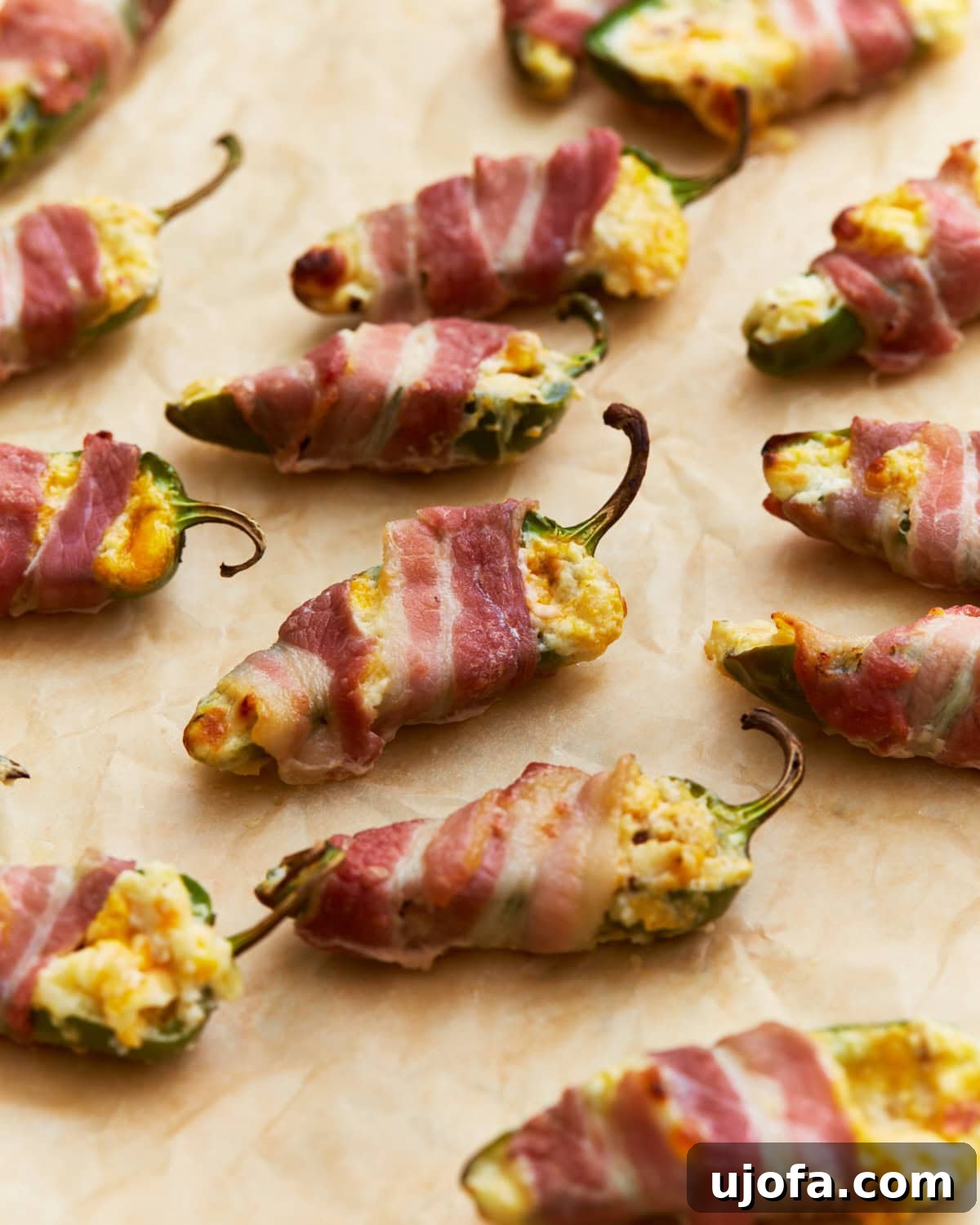 Beautifully baked bacon-wrapped keto jalapeño poppers, golden and crispy, stuffed with a creamy cheese mixture, ready to serve on parchment paper.