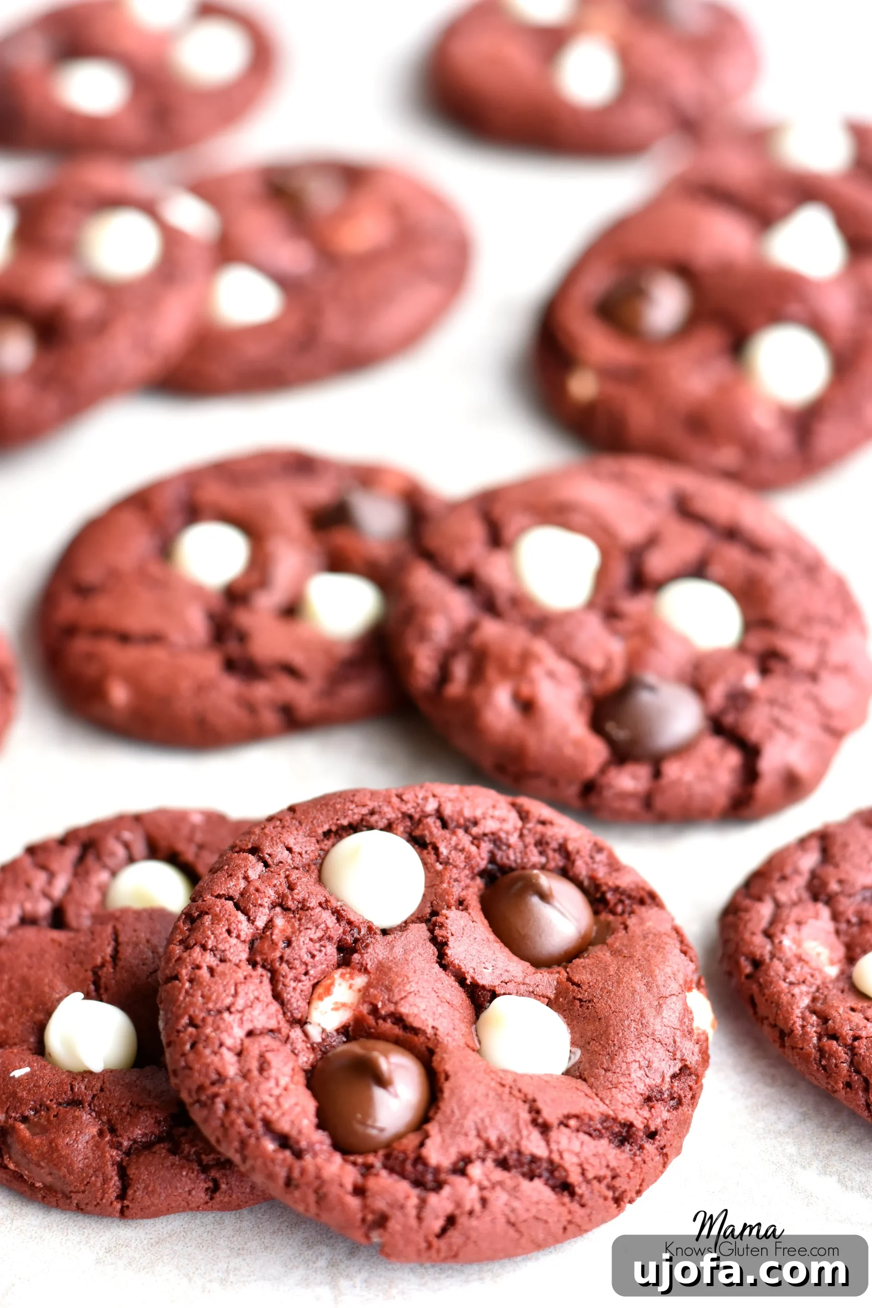 Close-up of baked Gluten-Free Red Velvet Chocolate Chip Cookies, showing their crinkly tops.