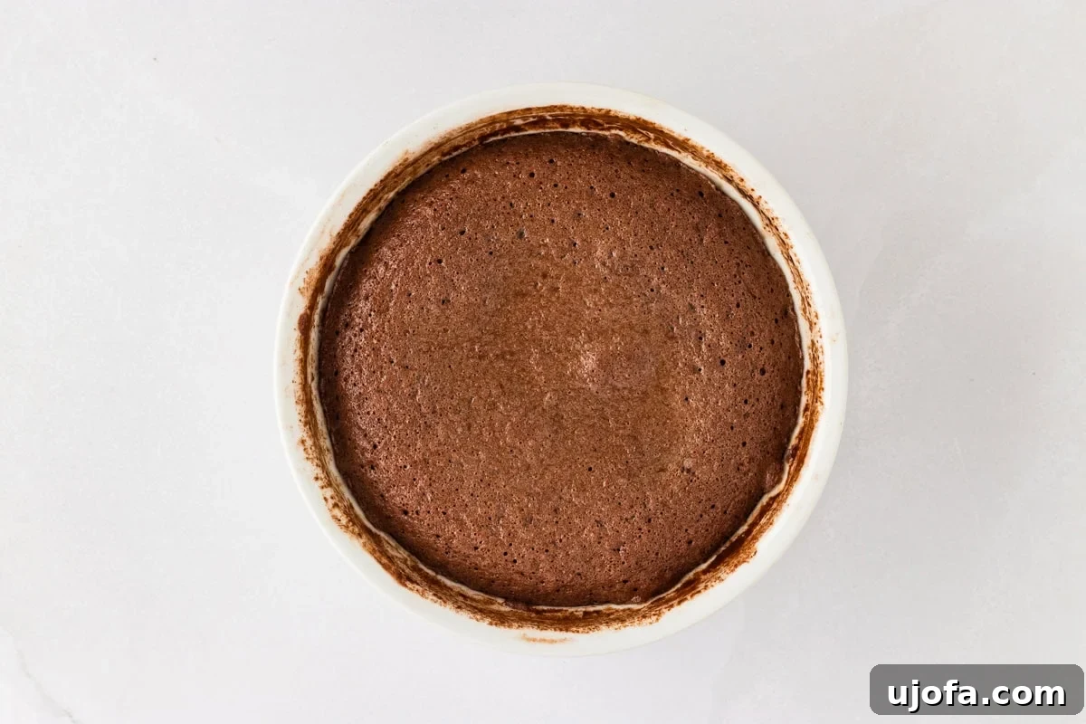 Molten Gluten Free Chocolate Bliss 13 Baked and fluffy gluten-free chocolate lava cake in a white ramekin, showing a perfectly set exterior.