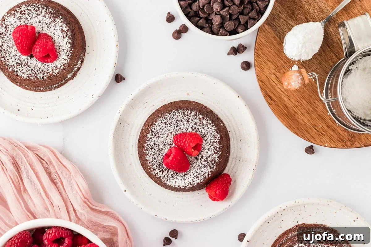 Molten Gluten Free Chocolate Bliss 14 Two gluten-free chocolate lava cakes presented on white plates, topped with powdered sugar and fresh raspberries. Surrounding elements include bowls of raspberries, chocolate chips, and a soft pink fabric, adding visual warmth to the setup.