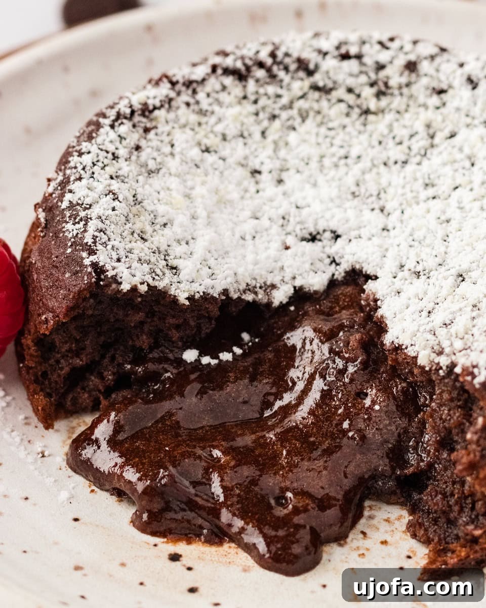Molten Gluten Free Chocolate Bliss 15 A gluten-free chocolate lava cake on a white plate, dusted with powdered sugar with a gooey chocolate center.